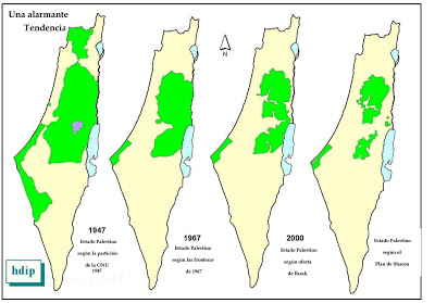 Desde 1947, Israel já tomou quase todas as terras do palestinos. Verde é Palestina e Branco Israel