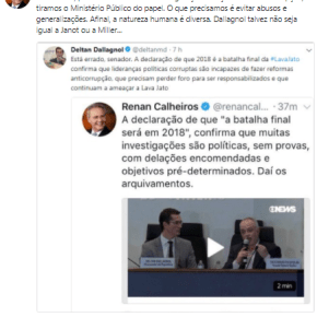 Via Twitter, Renan Calheiros mostra Dallangol que a Lava Jato é uma fraude amparada no abuso de&nbsp;autoridade