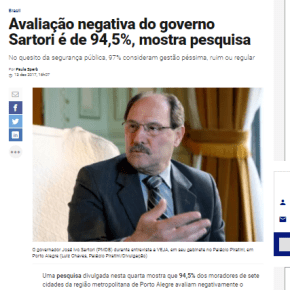 Sartori tem avaliação negativa  de 94,5% diz pesquisa encomendada pela ASOFBM, mostra Revista&nbsp;Veja