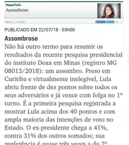 EM MINAS GERAIS LULA JÁ TEM 10% A MAIS DO QUE A SOMA DOS SEUS&nbsp;ADVERSÁRIOS