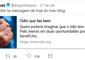 Edir Macedo vai apoiar Bolsonaro e escreve que “Ódio faz bem” em seu&nbsp;Twitter