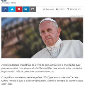 Papa alerta novamente sobre “os semeadores do ódio” e fala em&nbsp;Hitler