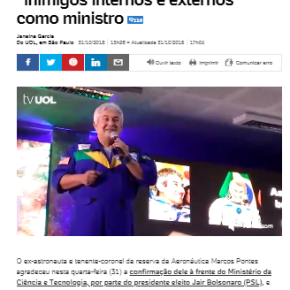 Ministro astronauta, da Ciência e Tecnologia, diz que “vai combater inimigos internos e externos”…