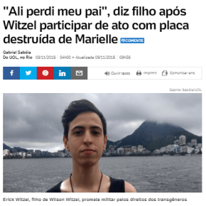 “Ali perdi meu pai”, diz filho após Witzel participar de ato com placa destruída de&nbsp;Marielle