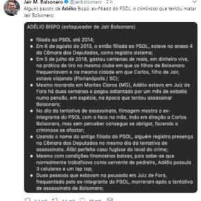 Bolsonaro twitta fake sobre Adélio pra não falar do envolvimento da própria família com milícias e crime&nbsp;organizado
