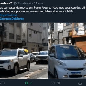 “Na #carreatadamorte em Porto Alegre, ricos, nos seus carrões blindados, pedindo pros pobres morrerem na defesa dos seus&nbsp;CNPJs”