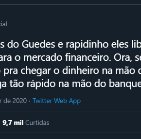 Os Banqueiros já receberam R$ 1.200.000.000.000,00 (1,2 trilhão). Já aos pobres, o governo complica pra liberar R$ 600,00. Por&nbsp;que?
