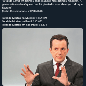 Russomano diz que os mais de 13 mil paulistanos mortos pela COVID-19  na cidade de São Paulo são “ninguém”