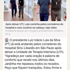 Lula já caminha nos Corredores do Hospital e estará de volta ao trabalho na semana que&nbsp;vem