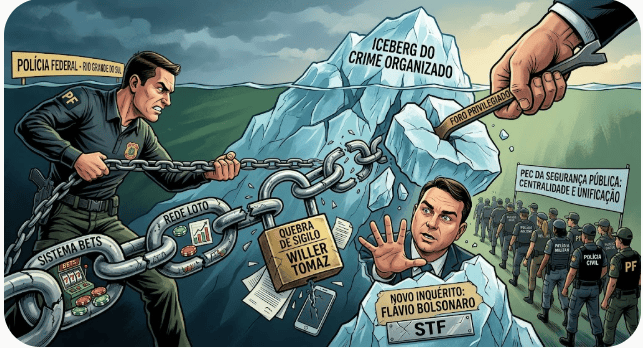 Ilustração sobre o crime organizado, mostrando um policial federal enfrentando um iceberg com referências a investigações, como 'Novo Inquérito: Flávio Bolsonaro' e 'Quebra de Sigilo: Miller Tomaz'.