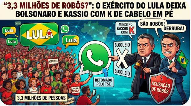 Imagem de uma caricatura política mostrando uma multidão apoiando Lula, com referências ao WhatsApp, acusações de robôs e figuras políticas como Bolsonaro e Kassio. Texto destacado de 3,3 milhões de pessoas.