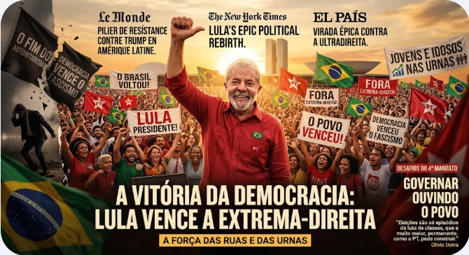 Banner comemorativo da vitória de Lula nas eleições, destacando a frase 'A vitória da democracia: Lula vence a extrema-direita'. A imagem mostra um grande grupo de apoiadores, bandeiras do Brasil e de partidos, simbolizando celebração e resistência política.